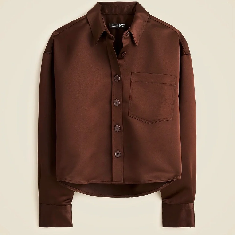 J Crew Etienne French Press Cropped Button Up Shirt in Duchesse Satin